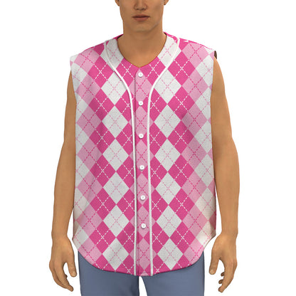Pink And White Argyle Pattern Print Sleeveless Baseball Jersey