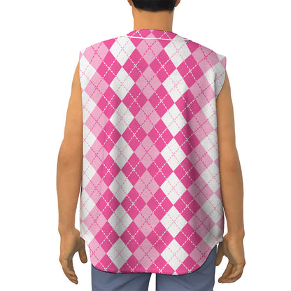 Pink And White Argyle Pattern Print Sleeveless Baseball Jersey