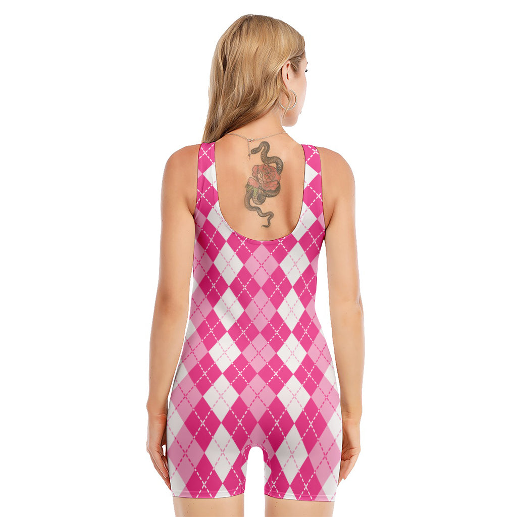 Pink And White Argyle Pattern Print Sleeveless One Piece Swimsuit