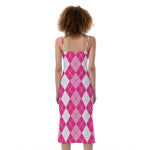 Pink And White Argyle Pattern Print Slim Fit Midi Cami Dress