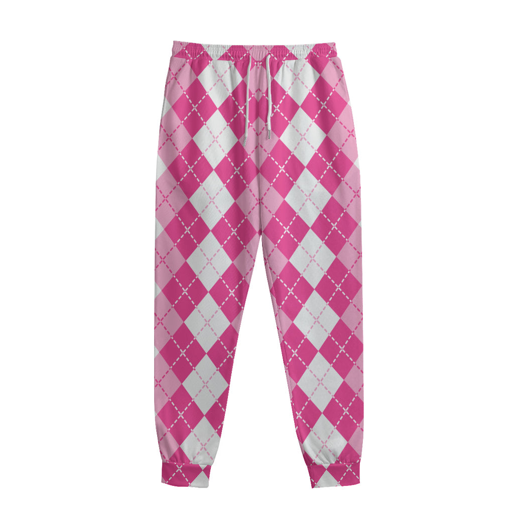 Pink And White Argyle Pattern Print Sweatpants