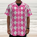 Pink And White Argyle Pattern Print Textured Short Sleeve Shirt