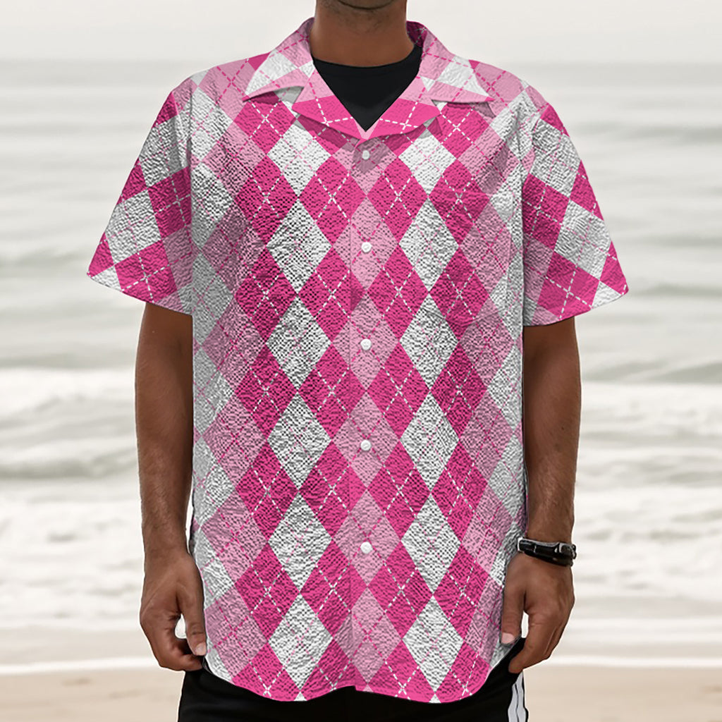 Pink And White Argyle Pattern Print Textured Short Sleeve Shirt