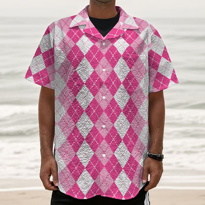 Pink And White Argyle Pattern Print Textured Short Sleeve Shirt
