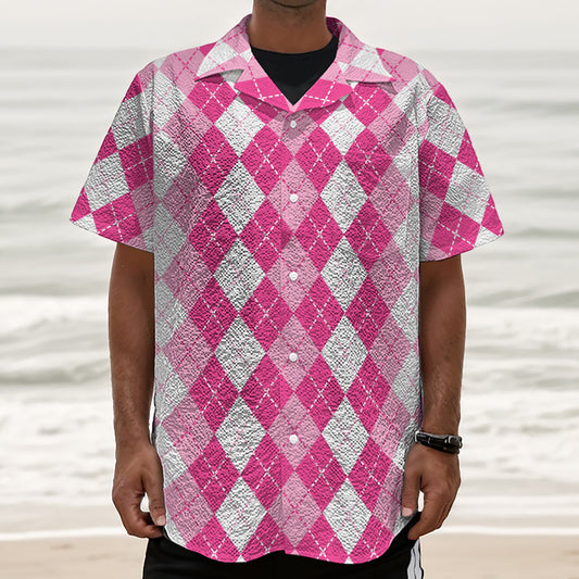 Pink And White Argyle Pattern Print Textured Short Sleeve Shirt