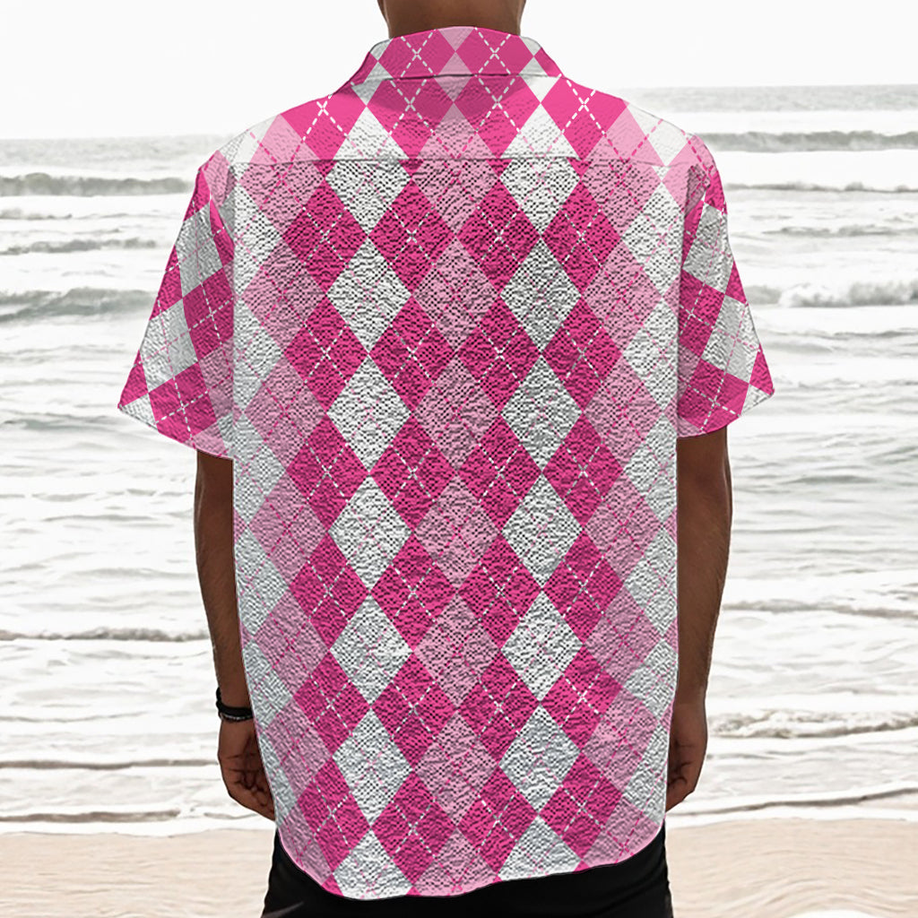 Pink And White Argyle Pattern Print Textured Short Sleeve Shirt