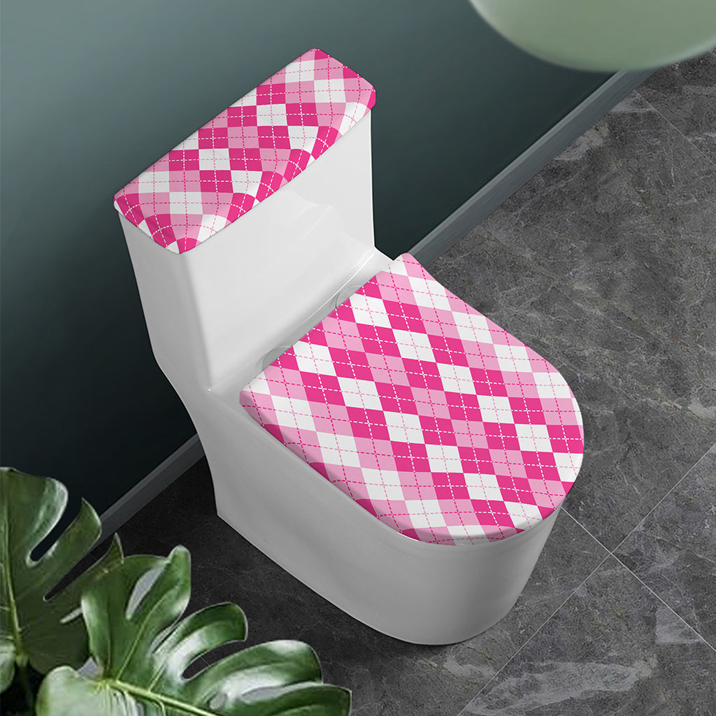 Pink And White Argyle Pattern Print Toilet Lid And Tank Cover Set