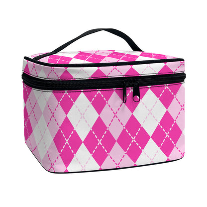 Pink And White Argyle Pattern Print Travel Makeup Bag