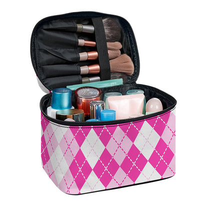 Pink And White Argyle Pattern Print Travel Makeup Bag