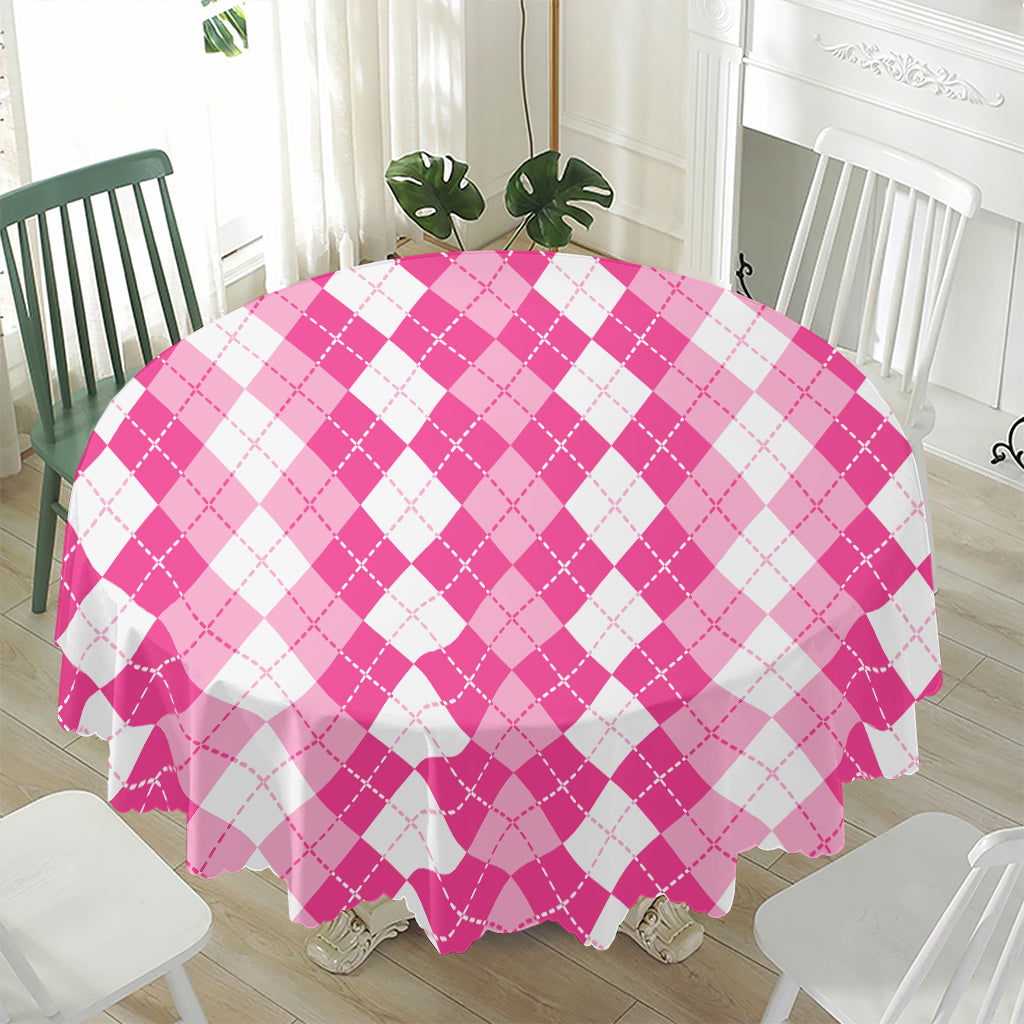 Pink And White Argyle Pattern Print Waterproof Round Tablecloth