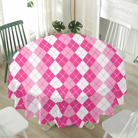 Pink And White Argyle Pattern Print Waterproof Round Tablecloth