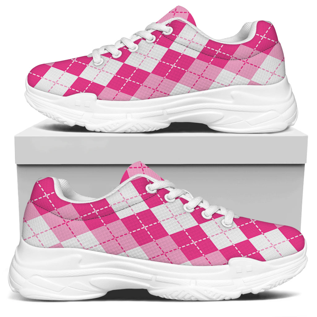 Pink And White Argyle Pattern Print White Chunky Shoes