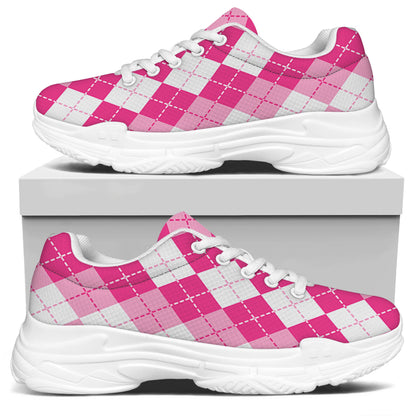 Pink And White Argyle Pattern Print White Chunky Shoes