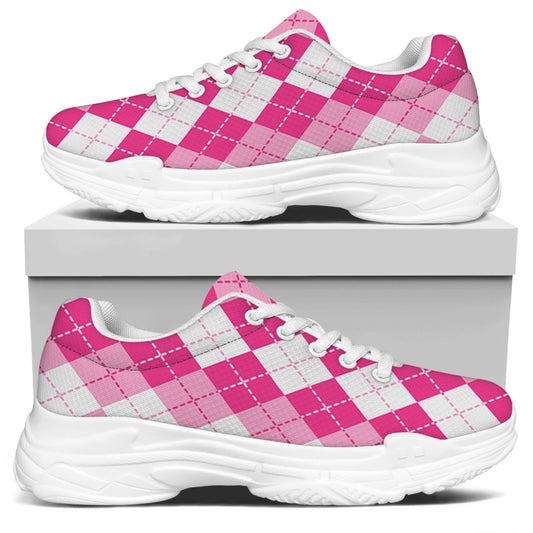 Pink And White Argyle Pattern Print White Chunky Shoes
