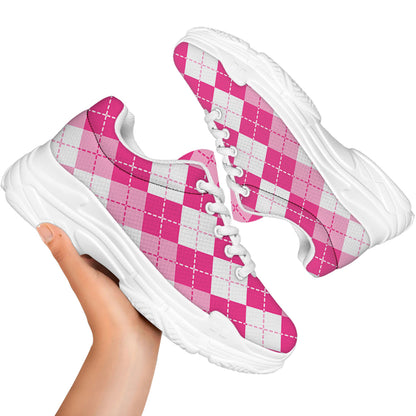 Pink And White Argyle Pattern Print White Chunky Shoes