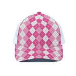 Pink And White Argyle Pattern Print White Mesh Trucker Cap
