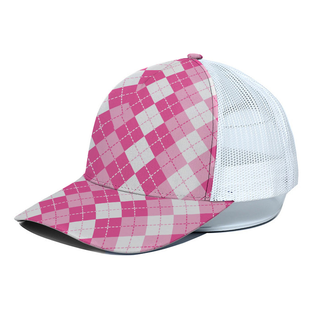 Pink And White Argyle Pattern Print White Mesh Trucker Cap