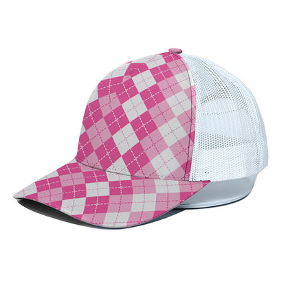 Pink And White Argyle Pattern Print White Mesh Trucker Cap