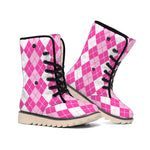 Pink And White Argyle Pattern Print Winter Boots