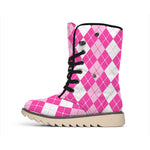 Pink And White Argyle Pattern Print Winter Boots