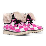 Pink And White Argyle Pattern Print Winter Boots