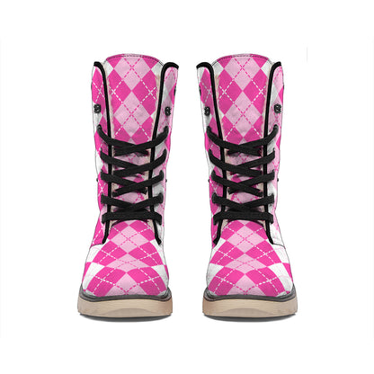 Pink And White Argyle Pattern Print Winter Boots