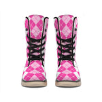 Pink And White Argyle Pattern Print Winter Boots