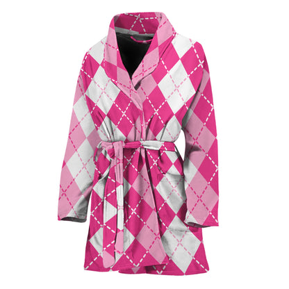 Pink And White Argyle Pattern Print Women's Bathrobe