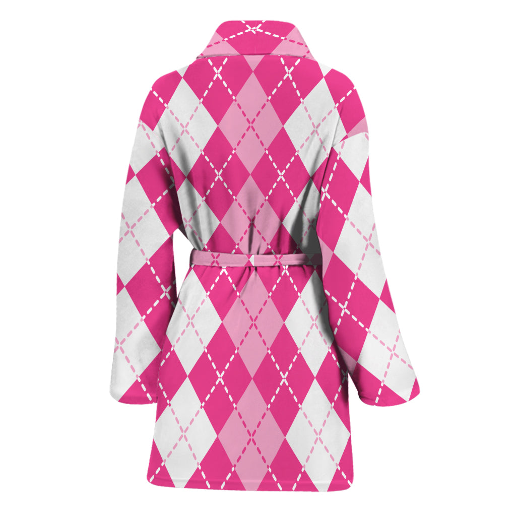 Pink And White Argyle Pattern Print Women's Bathrobe