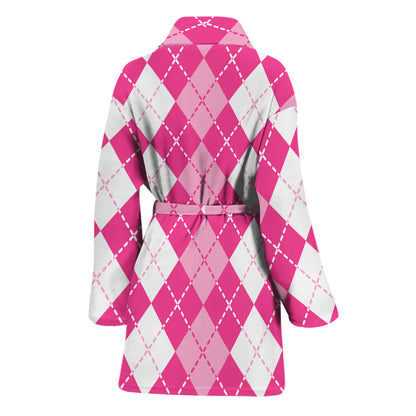 Pink And White Argyle Pattern Print Women's Bathrobe
