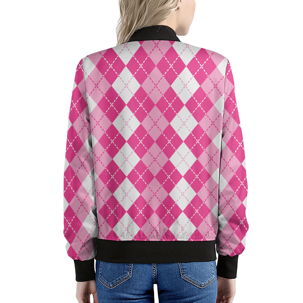 Pink And White Argyle Pattern Print Women's Bomber Jacket