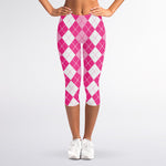 Pink And White Argyle Pattern Print Women's Capri Leggings
