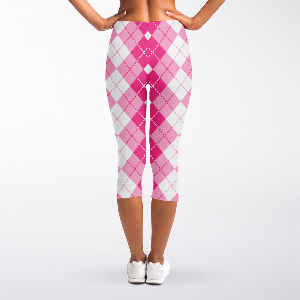 Pink And White Argyle Pattern Print Women's Capri Leggings