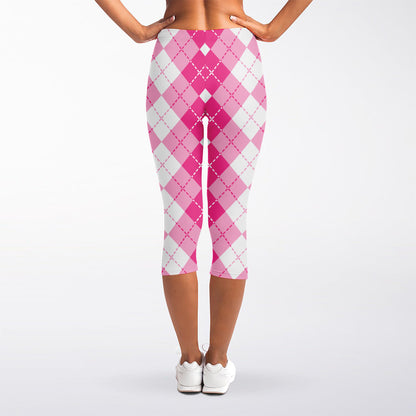 Pink And White Argyle Pattern Print Women's Capri Leggings