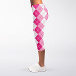 Pink And White Argyle Pattern Print Women's Capri Leggings