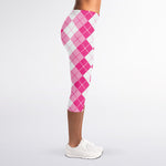 Pink And White Argyle Pattern Print Women's Capri Leggings