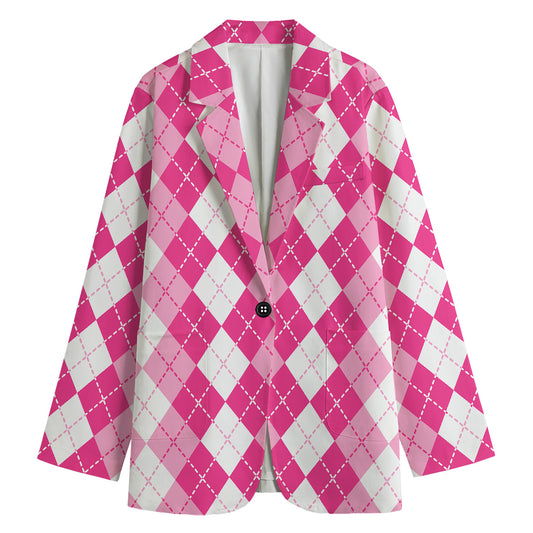 Pink And White Argyle Pattern Print Women's Cotton Blazer