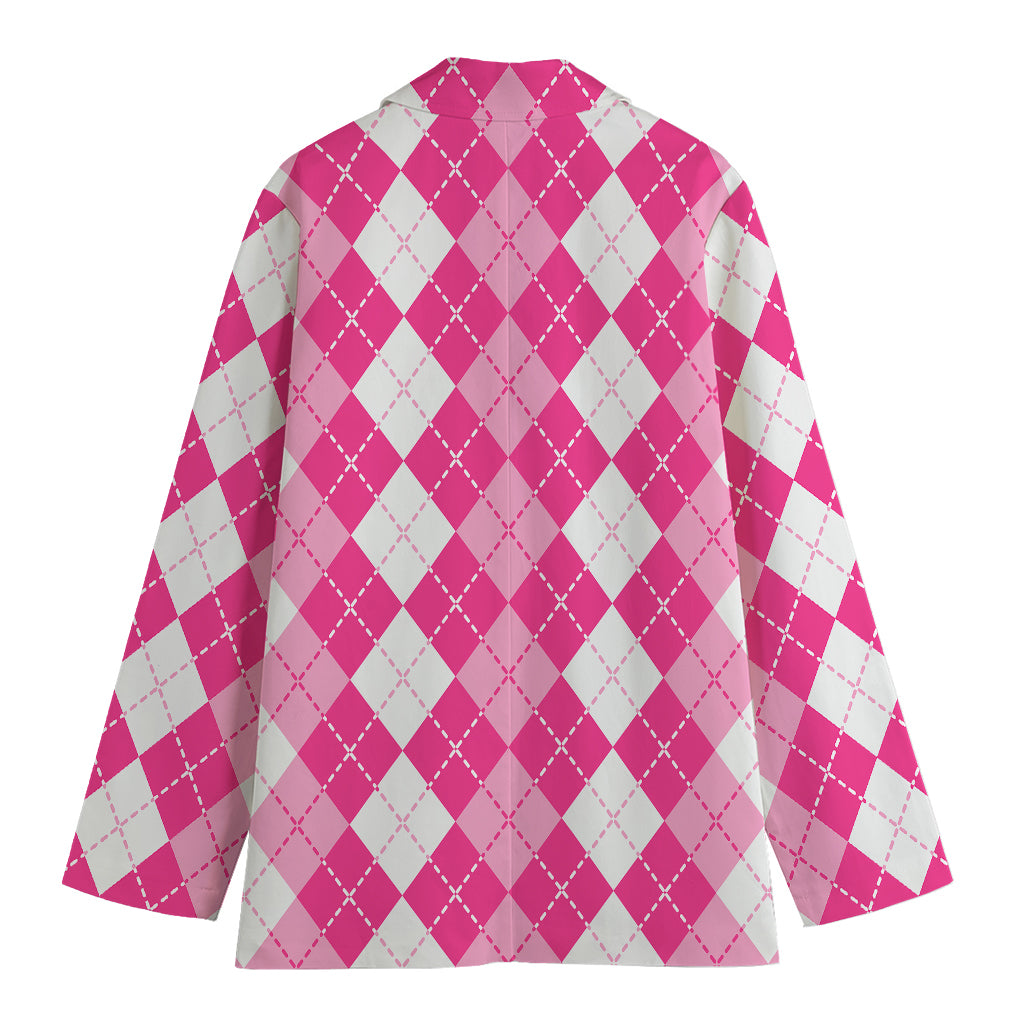 Pink And White Argyle Pattern Print Women's Cotton Blazer