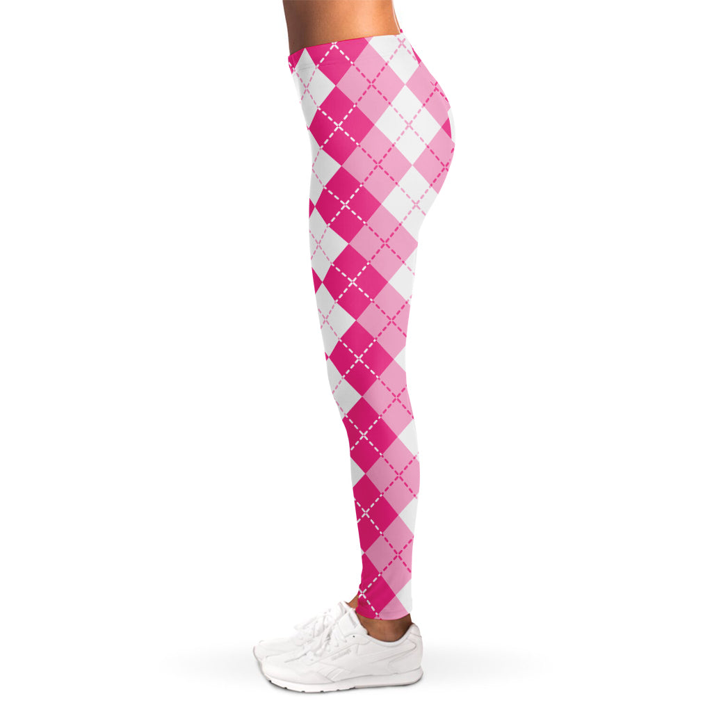Pink And White Argyle Pattern Print Women's Leggings