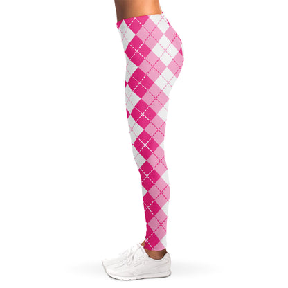 Pink And White Argyle Pattern Print Women's Leggings