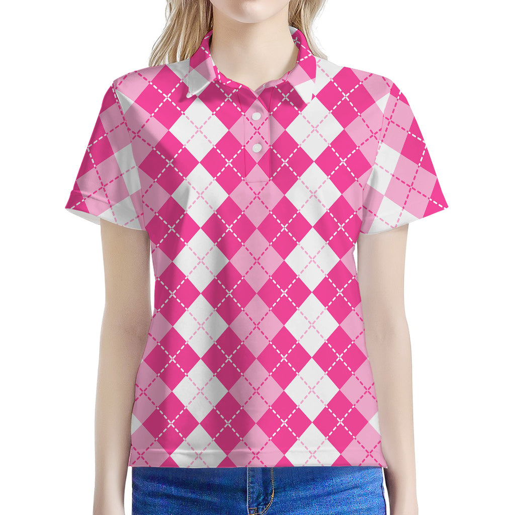 Pink And White Argyle Pattern Print Women's Polo Shirt