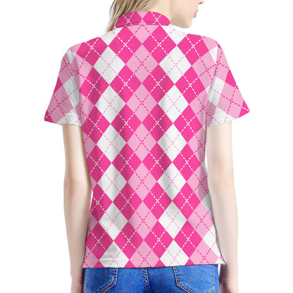 Pink And White Argyle Pattern Print Women's Polo Shirt