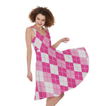 Pink And White Argyle Pattern Print Women's Sleeveless Dress