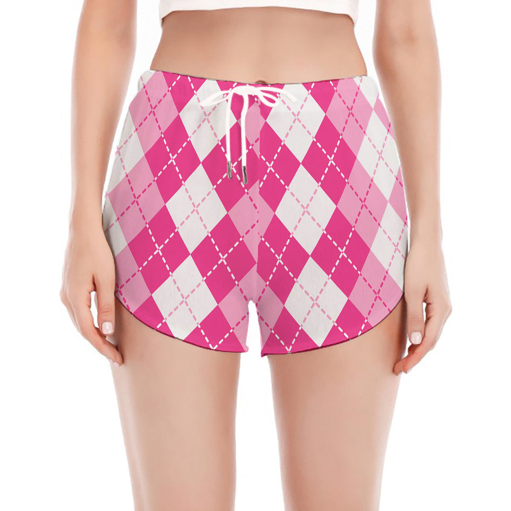 Pink And White Argyle Pattern Print Women's Split Running Shorts