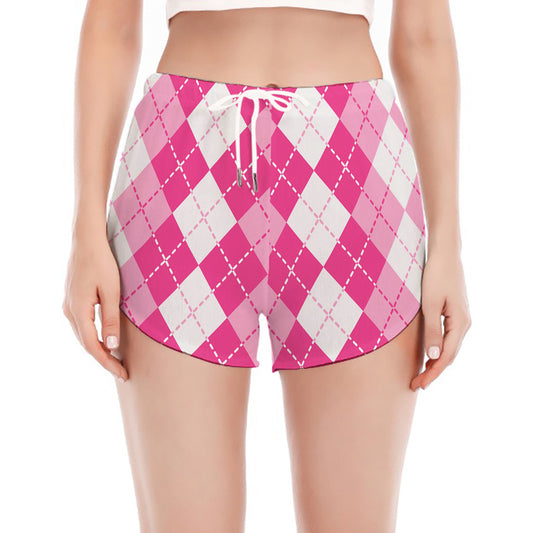 Pink And White Argyle Pattern Print Women's Split Running Shorts