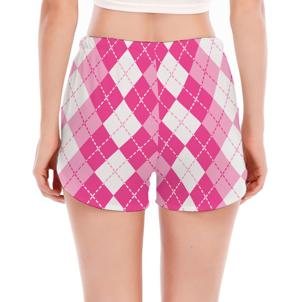 Pink And White Argyle Pattern Print Women's Split Running Shorts