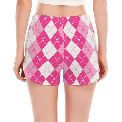 Pink And White Argyle Pattern Print Women's Split Running Shorts