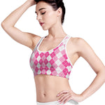 Pink And White Argyle Pattern Print Women's Sports Bra