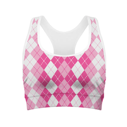 Pink And White Argyle Pattern Print Women's Sports Bra