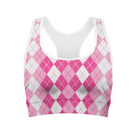 Pink And White Argyle Pattern Print Women's Sports Bra